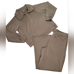 Mushroom Taupe Lounge Set | Quarter Zip Pullover & Wide Leg Pants | Size L